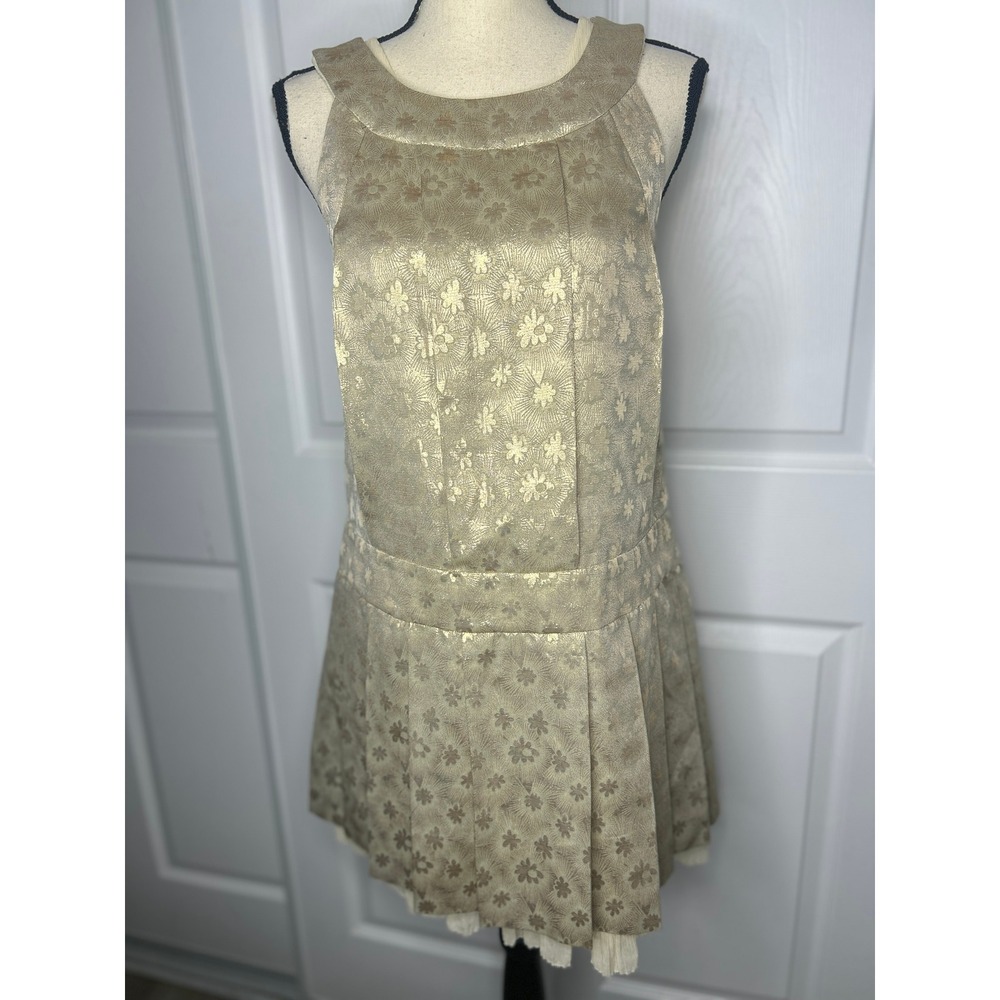 Marc Jacobs Gold Silk Brocade Drop Waist Dress 2 Floral Metallic Flapper Mini